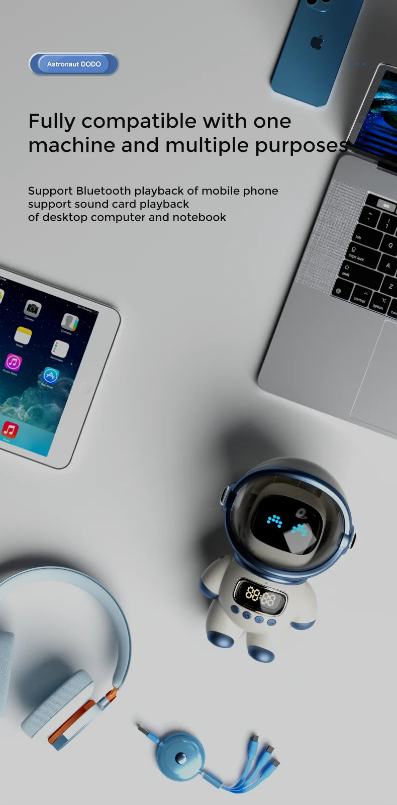 New portable wireless audio speaker, Smart Astronaut Bluetooth speaker with nightlight, FM radio, subwoofer, music speaker