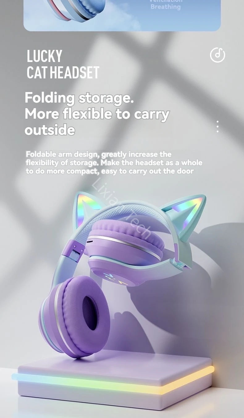 Flash Light Pink Cute Cat Ear Headphones Wireless Bluetooth Earphone Over-ear Noise Cancelling Folding Headset Girl Gift Earbuds