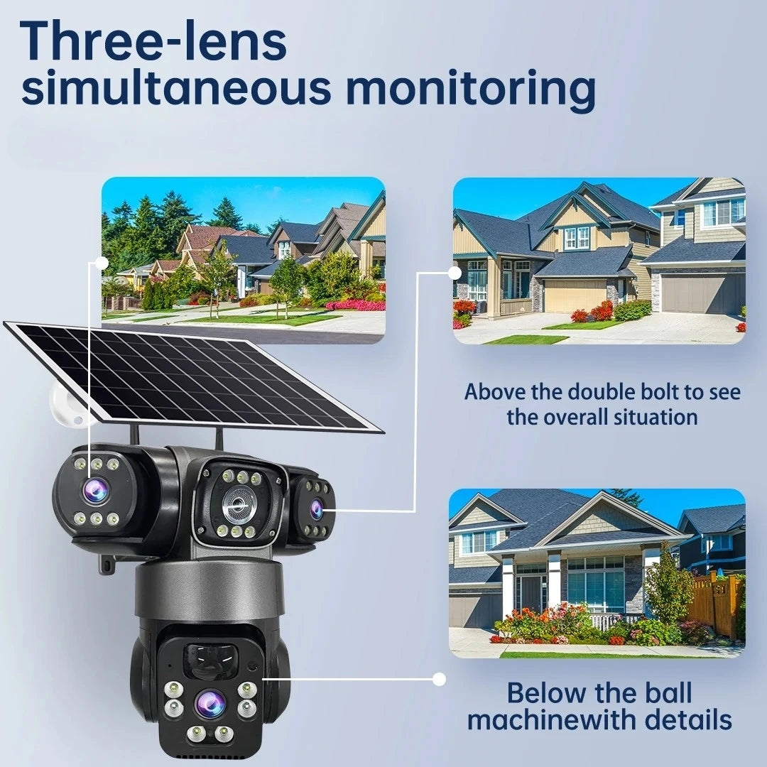 WiFi Solar Camera Three Lenses Outdoor 15MP 8K HD Low Power Battery IP Camera PIR Night Vision V380 Pro CCTV Security Protection