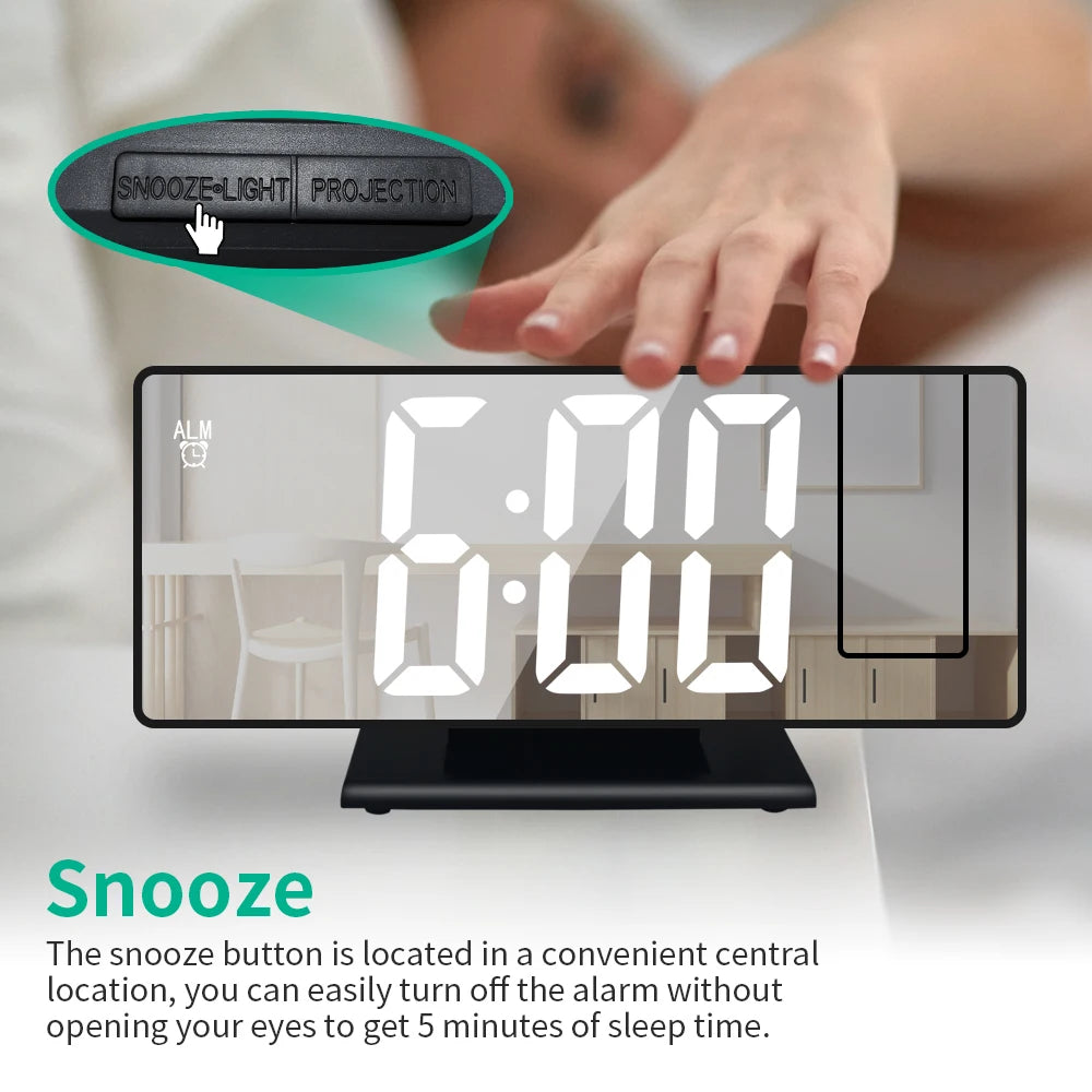 c180° Arm Projection Alarm Clock Time Temperature USB Plug-in Digital Alarm Clock Snooze Table Clock 12/24H Projector LED Clok