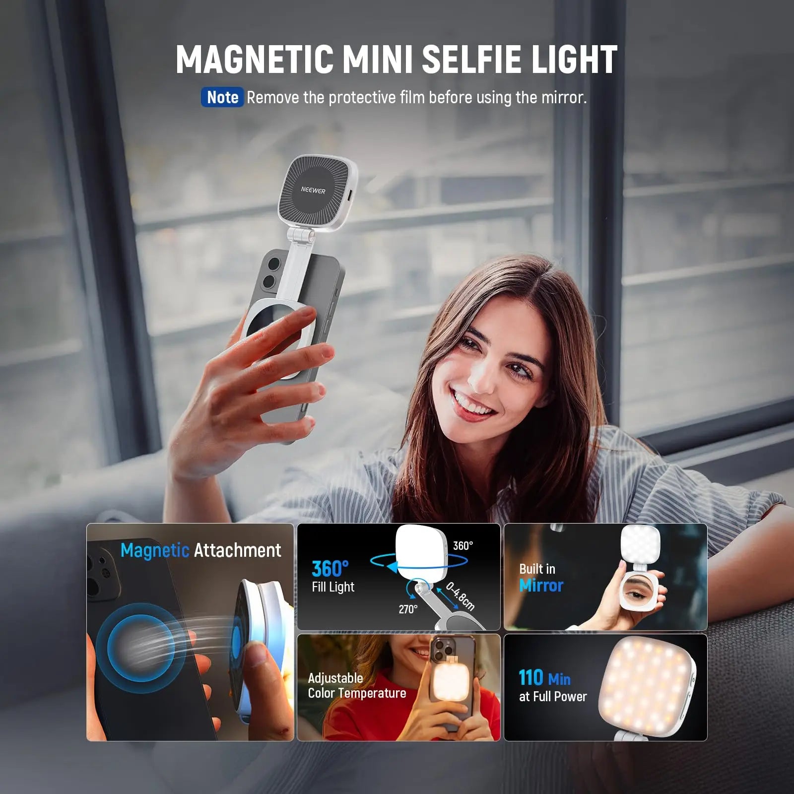 NEEWER BASICS Magnetic Selfie Light For MagSafe iPhone,CRI95 700lx/0.3 Folding LED Phone Fill Ring Lighting with Mirror for Make