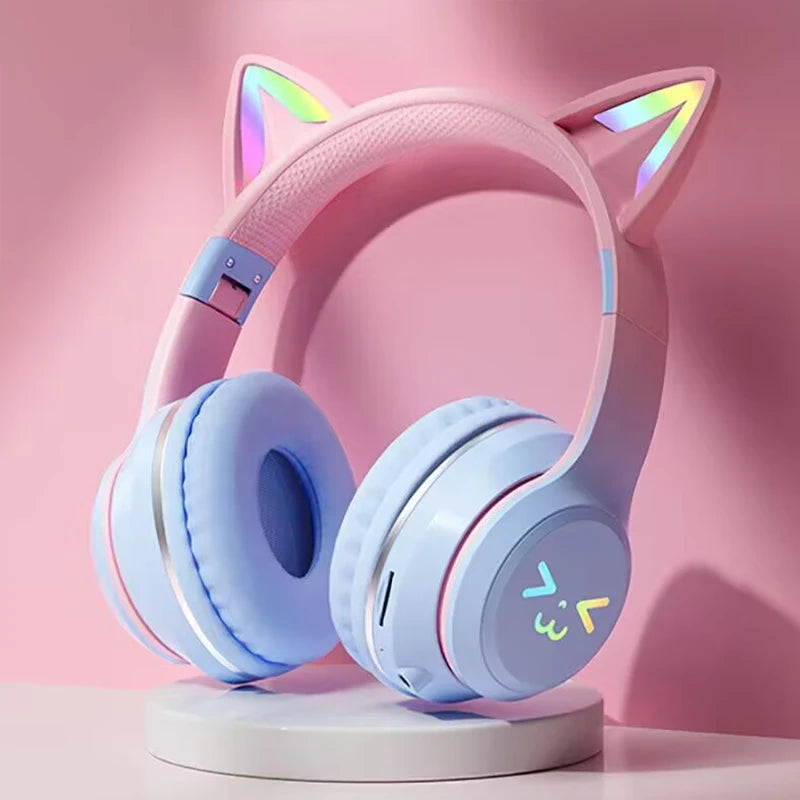 Flash Light Pink Cute Cat Ear Headphones Wireless Bluetooth Earphone Over-ear Noise Cancelling Folding Headset Girl Gift Earbuds