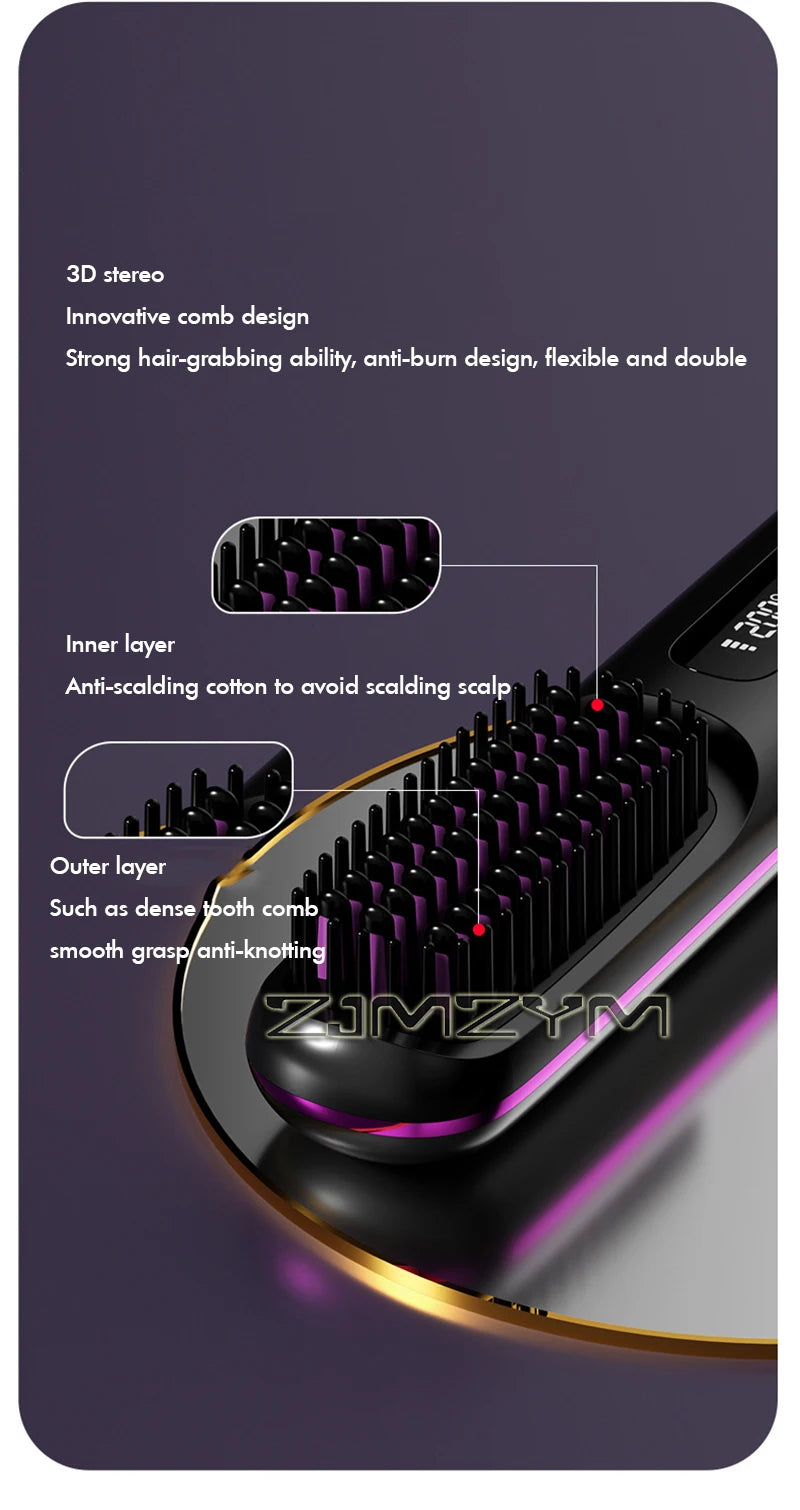 20Seconds Quick Heat Hair Straighter Liquid Crystal Cordless Straight Comb Anti-Scald Styling Brush Negative Ion Curly Hair Tool