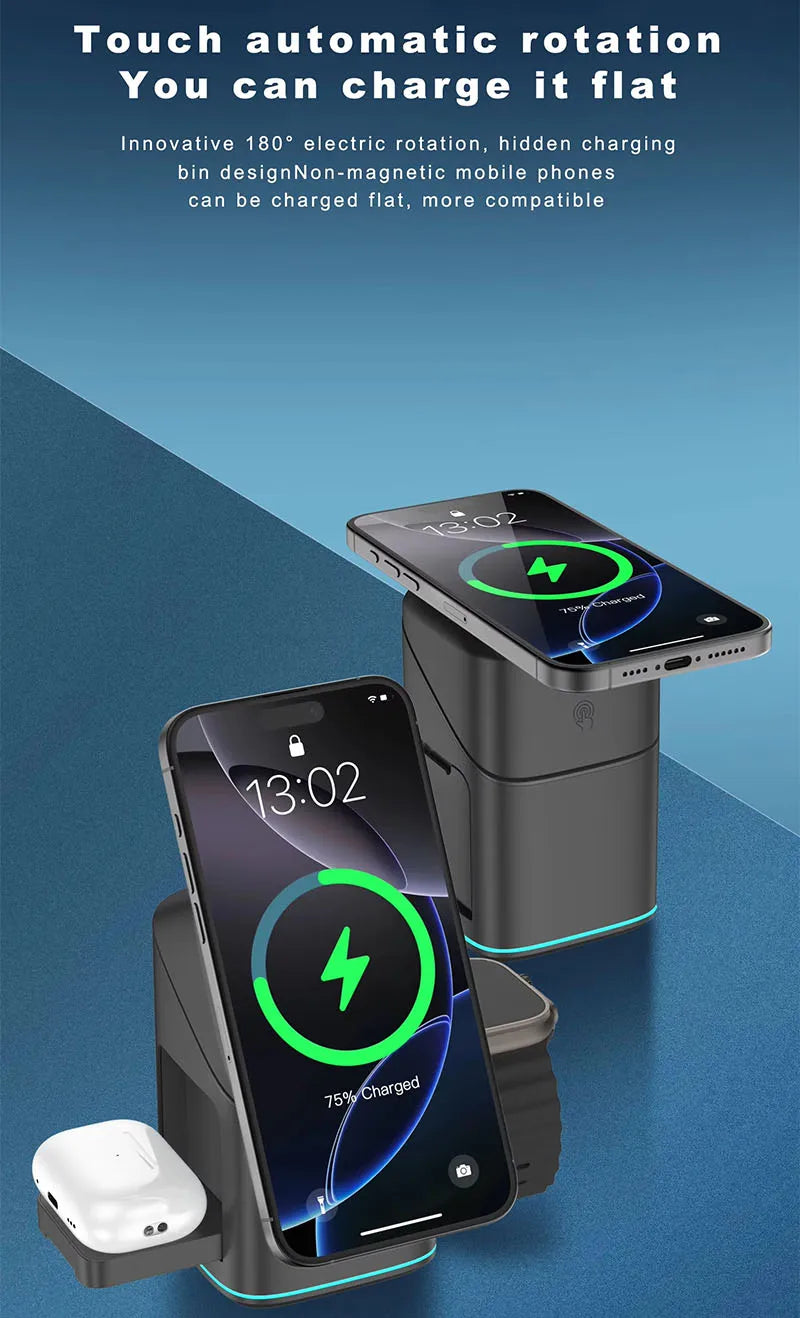 2025 Newest Universal Magnetic Charging Stand 30W Cube Rotational 3 in 1 Touch Auto Rotation Wireless Charger With Light