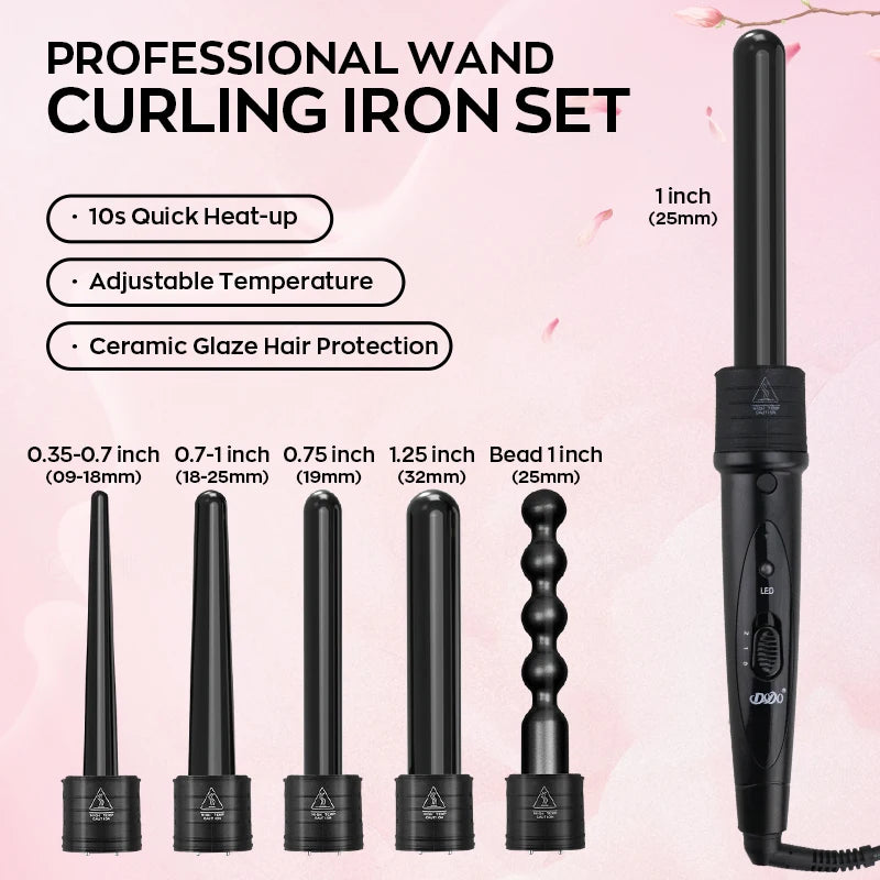 Interchangeable Curling Wand Set with Adjustable Temperature & PTC Heater Professional Hair Curling Iron for Salon Home Travel