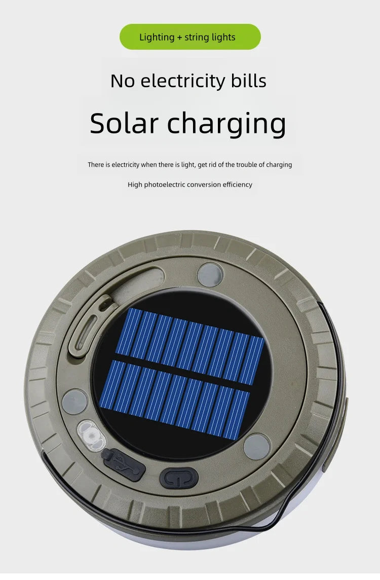 Solar Lights Outdoor Camping Light 10meter String Light Outdoor Tent Light RGB Atmosphere Light LED Flashlight with Hook ﻿