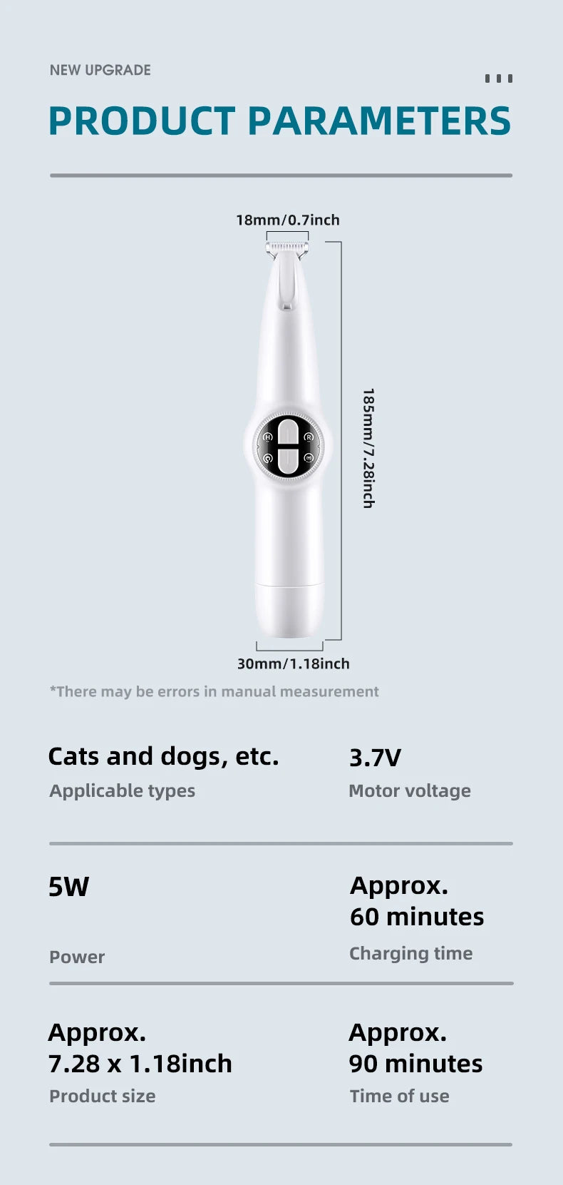 Pet electric clipper with LED lights, foot hair trimmer, professional dog and cat care products, USB rechargeable nail clippers