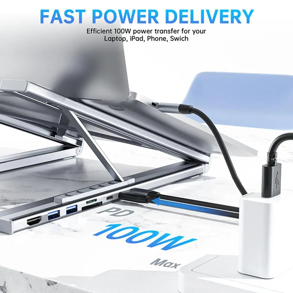 Laptop Docking Station Stand USB C Dock Tablet Laptop Holder with 4K HDMI 2 Type-C PD 100W Dock Station for MacBook E2H6
