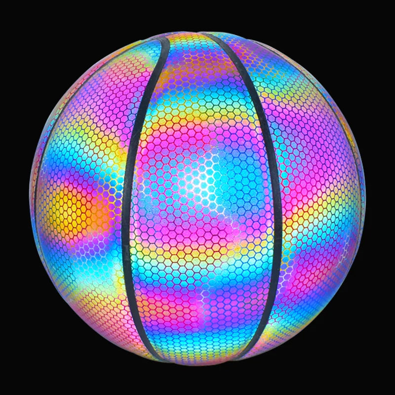 Size 7 PU Luminous Basketball Ball Holographic Reflective Lighted Flash Ball Wear-Resistant Glowing Basketball Night Sports Game