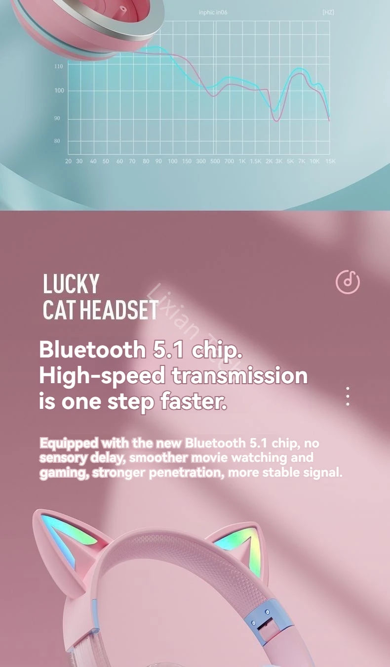 Flash Light Pink Cute Cat Ear Headphones Wireless Bluetooth Earphone Over-ear Noise Cancelling Folding Headset Girl Gift Earbuds