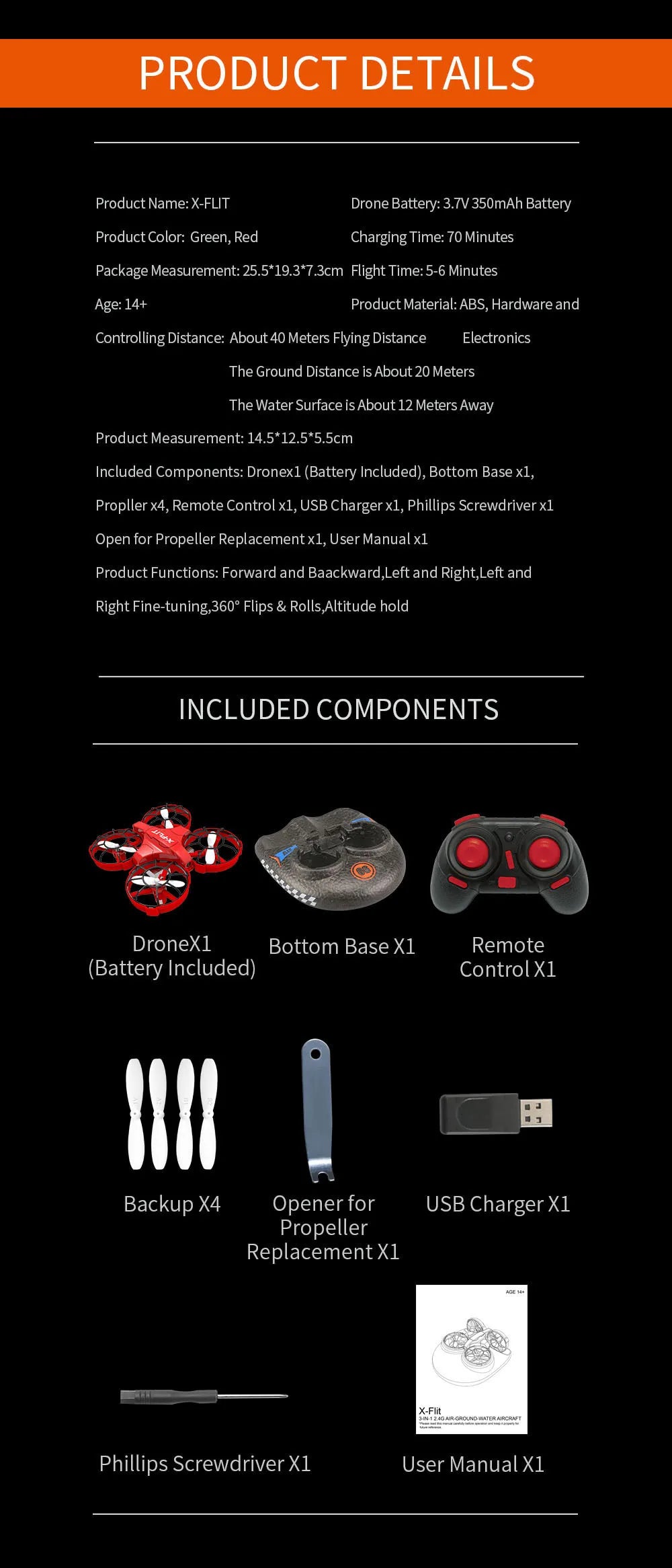 2.4G JJRC 4-rotor drone with multiple modes of gameplay, 360 ° rolling sea, land, and air three in one children's toy
