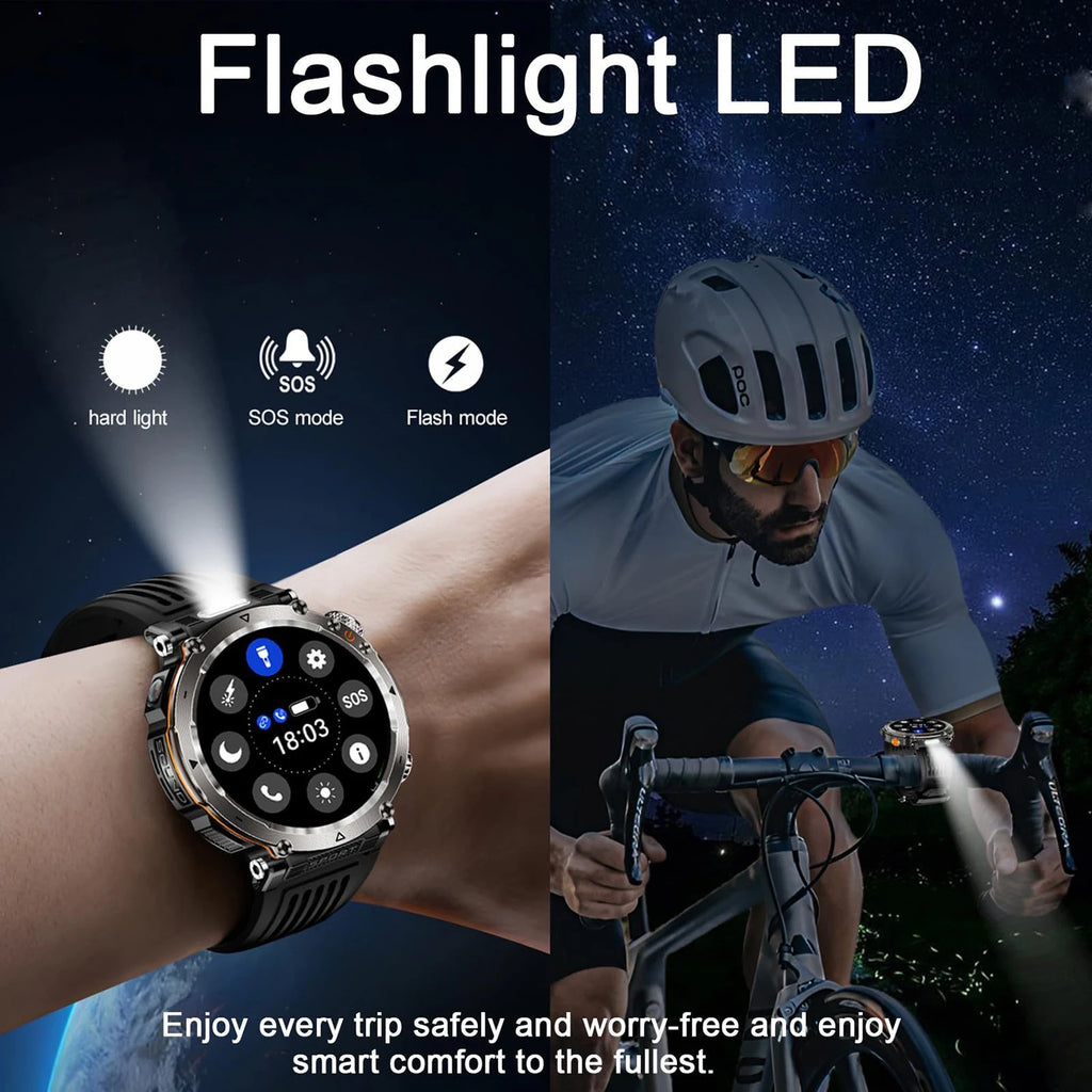 5ATM Outdoor Smart Watch Men 600mAh LED Flashlight SmartWatch Compass Bluetooth call Heart rate IP 68 Sports Smartwatch 2025 New