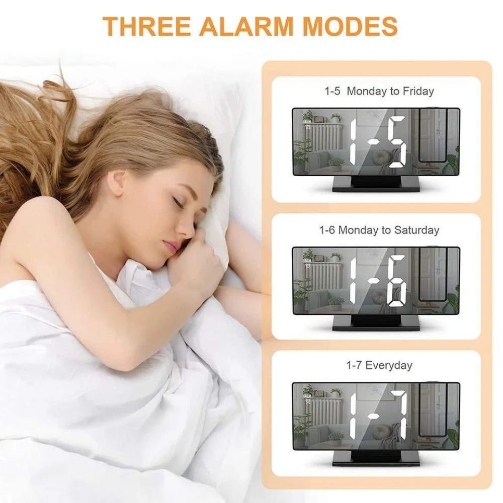 c180° Arm Projection Alarm Clock Time Temperature USB Plug-in Digital Alarm Clock Snooze Table Clock 12/24H Projector LED Clok
