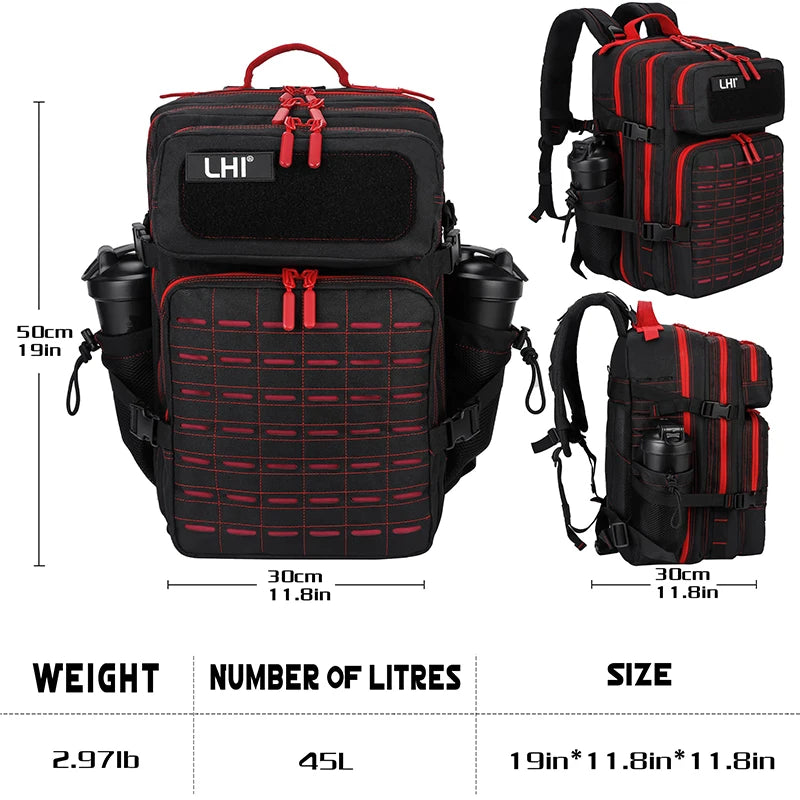 LHI 25L/35L/45L Gym Backapck Tactical Athlete Sports Fitness Bag Exercise Workout Weekend Travel Daypack with Bottle Holder