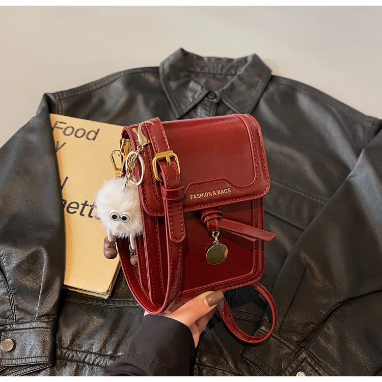 Women's Burgundy Crossbody Bag 2025 Fashion New PU Leather Square Texture Glossy Shoulder Packs Versatile Phone Lipstick Bags
