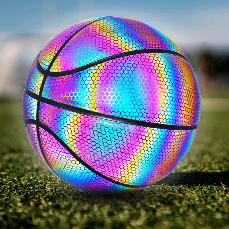 Size 7 PU Luminous Basketball Ball Holographic Reflective Lighted Flash Ball Wear-Resistant Glowing Basketball Night Sports Game