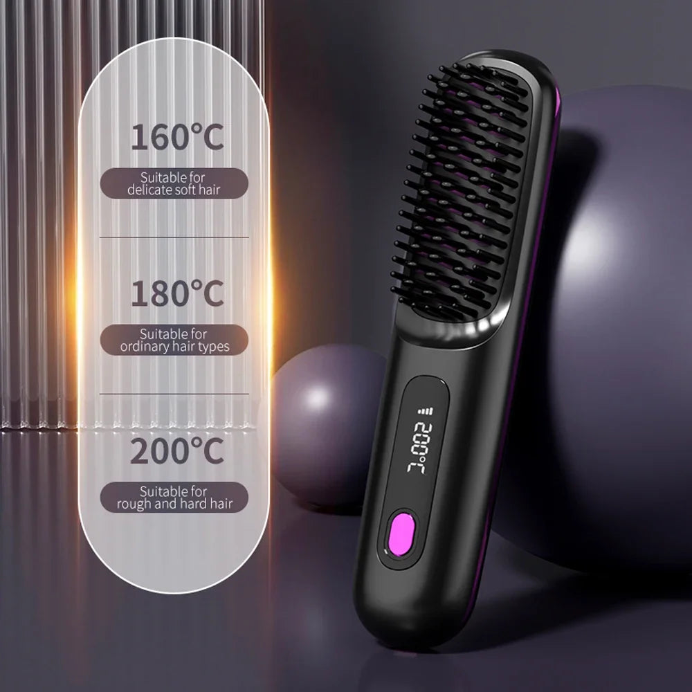 NEW Electric Ceramic Heating Straight Hair Comb Wireless Portable Negative Ion Styling Tool Rechargeable USB Straightening Brush