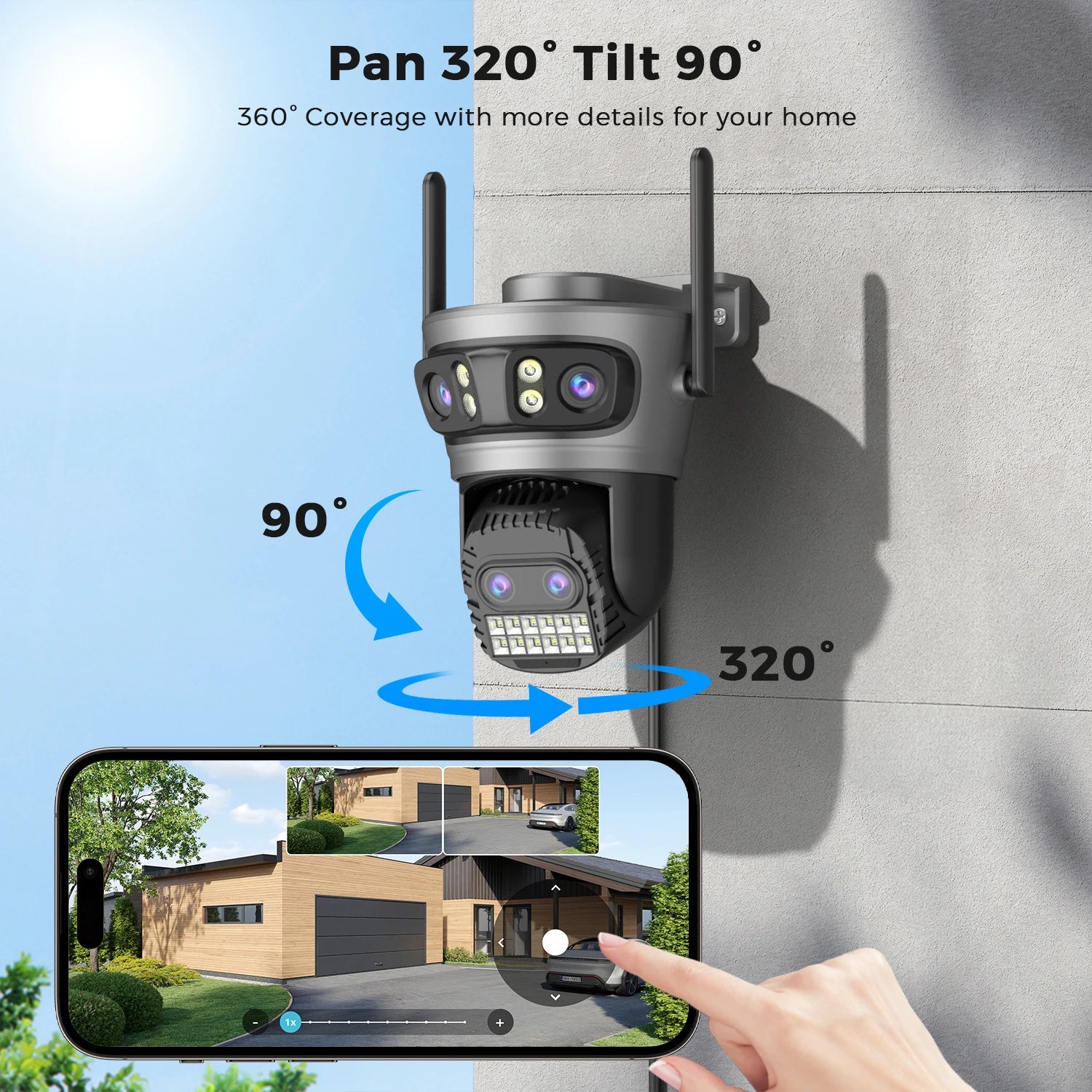 20MP Outdoors Wifi Camera 10K HD Three Lens Security 5G PTZ IP Camera 10X Digital Zoom Lens Human AI Auto Detect Tracking Camera