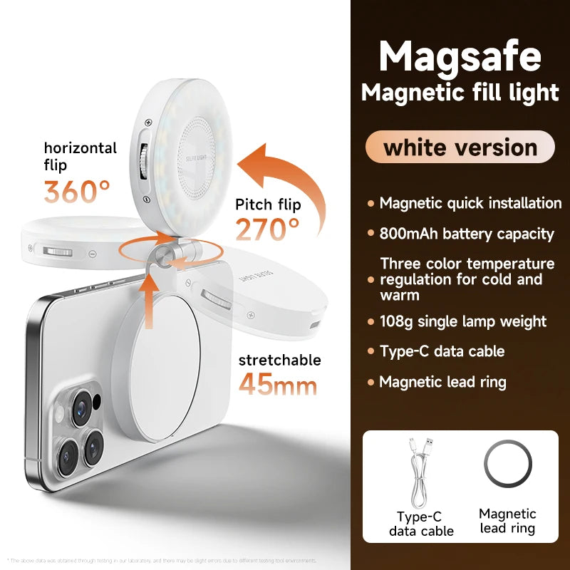 Magnetic Selfie Light Compatible with MagSafe iPhone&Android Phone Light with a Mirror 360° Folding LED Selfie Ring Fill Light