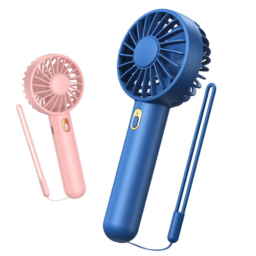 Two handheld fans, one blue and one pink, with 'TOPK' branding on a white background.