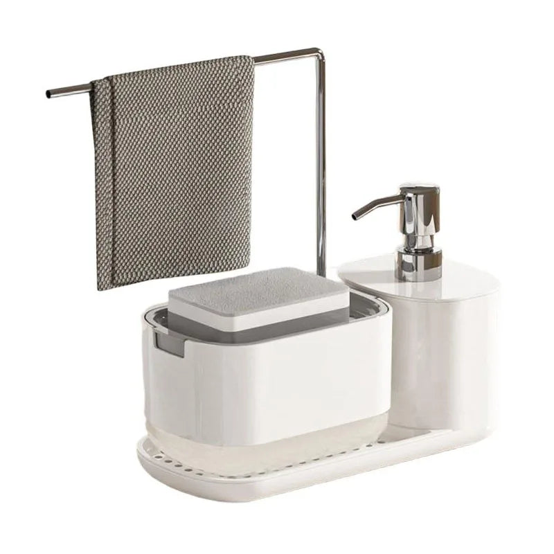 Kitchen Soap Dispenser Set, Kitchen Sink Soap Dispenser, Dish Soap Dispenser with Sponge Rack, Rag Rack and Tray, 4-in-1 Storage