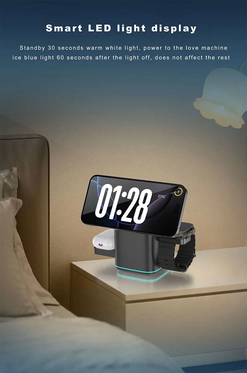 2025 Newest Universal Magnetic Charging Stand 30W Cube Rotational 3 in 1 Touch Auto Rotation Wireless Charger With Light