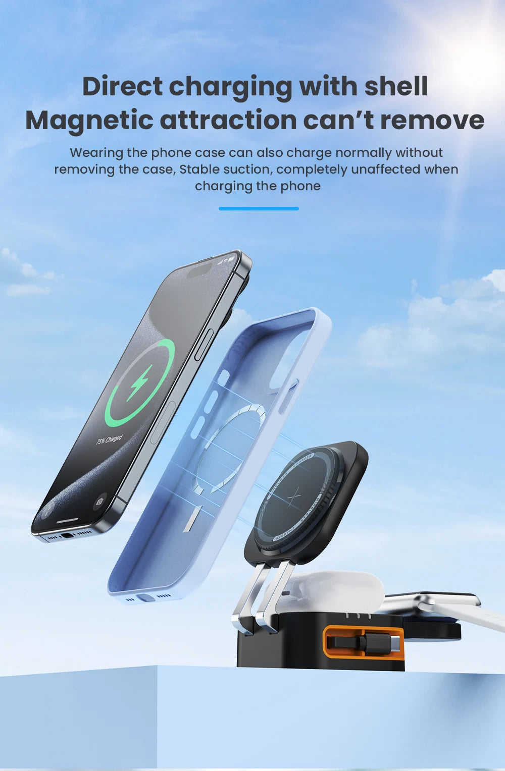 3-in-1 Portable 15W Wireless Charging Cradle with Retractable Cable Magasafe Magnetic Fast Charging Unit