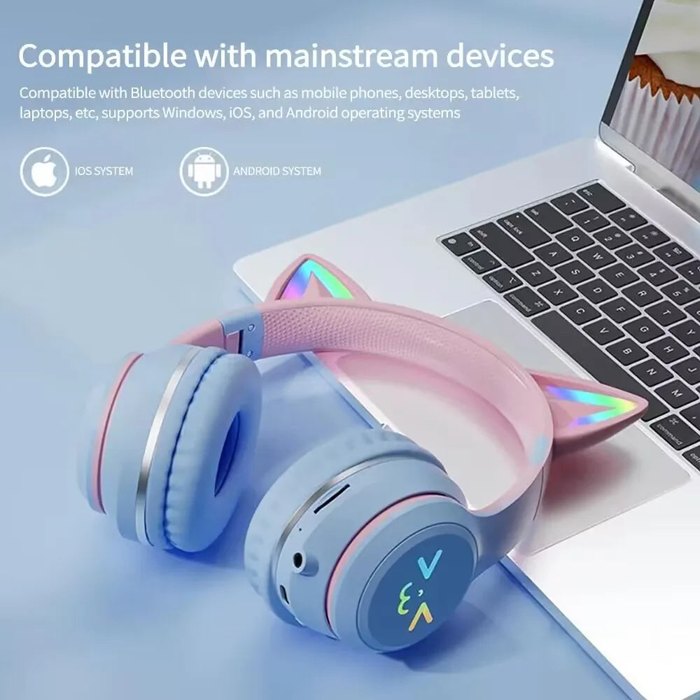 Flash Light Pink Cute Cat Ear Headphones Wireless Bluetooth Earphone Over-ear Noise Cancelling Folding Headset Girl Gift Earbuds