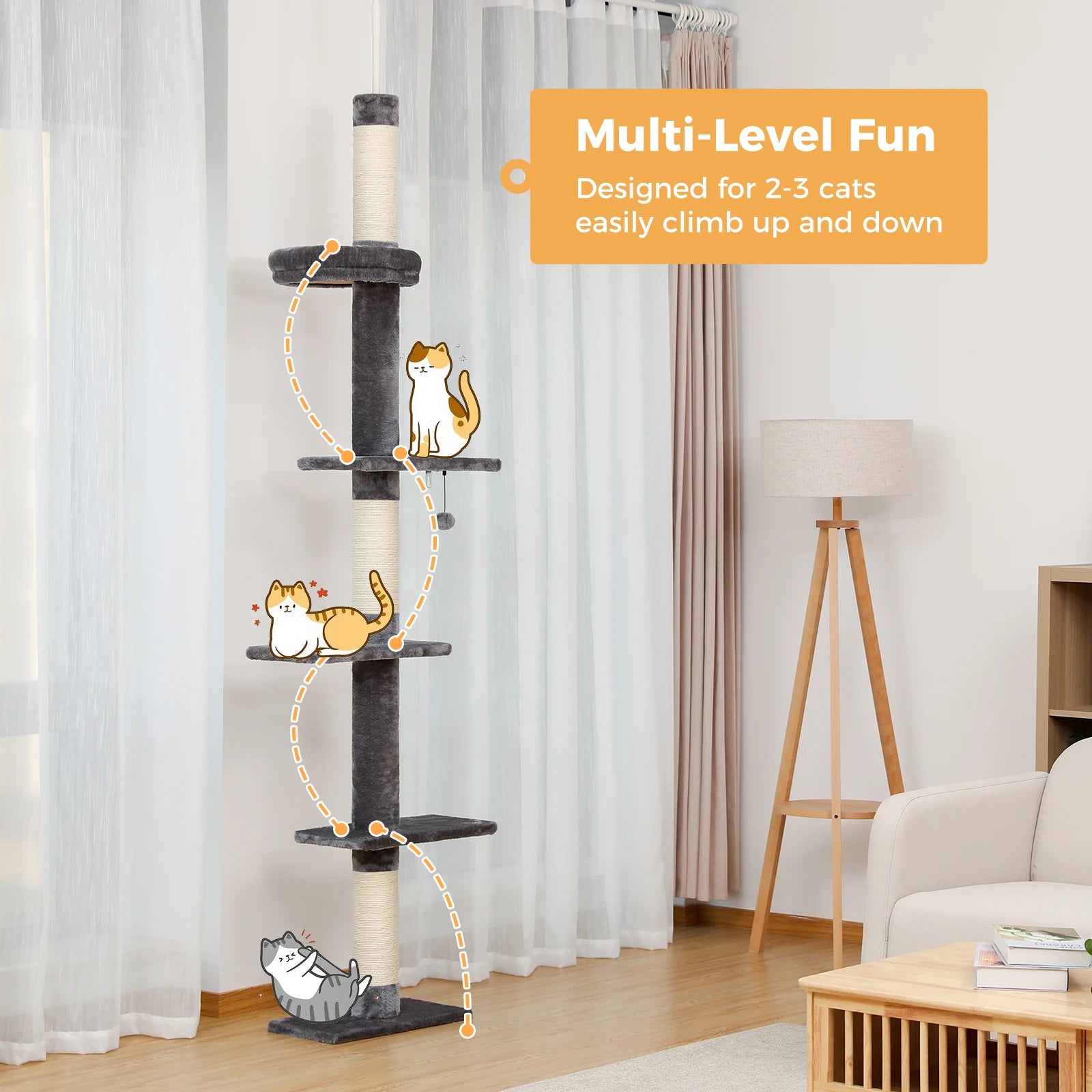Adjustable Height Cat Tree for Indoor, Floor to Ceiling Cat Tower with Scratching Posts, Cat Scratcher Furniture, Kitten Toys