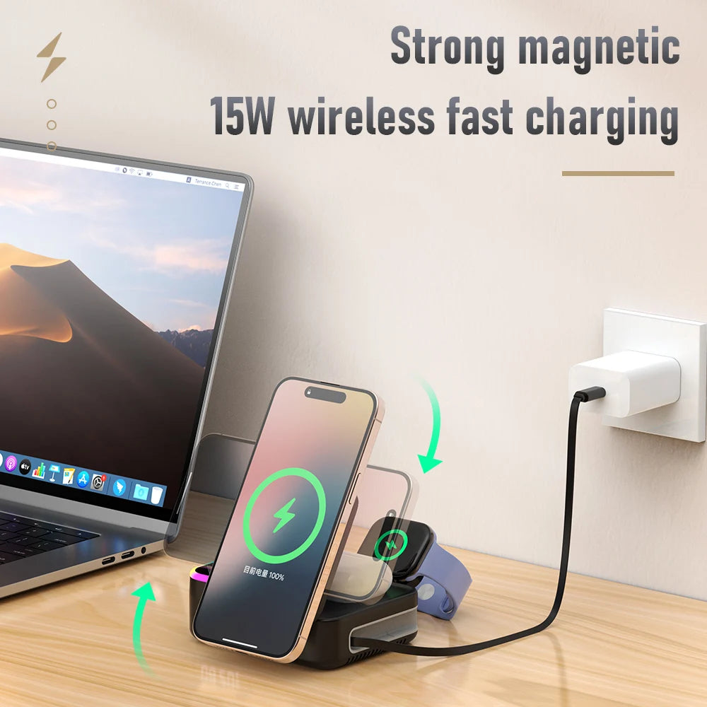 15W Wireless Fast Charging Versatile MagSafe Wireless Charger With Retractable Cable Digital Clock and Folding Stand