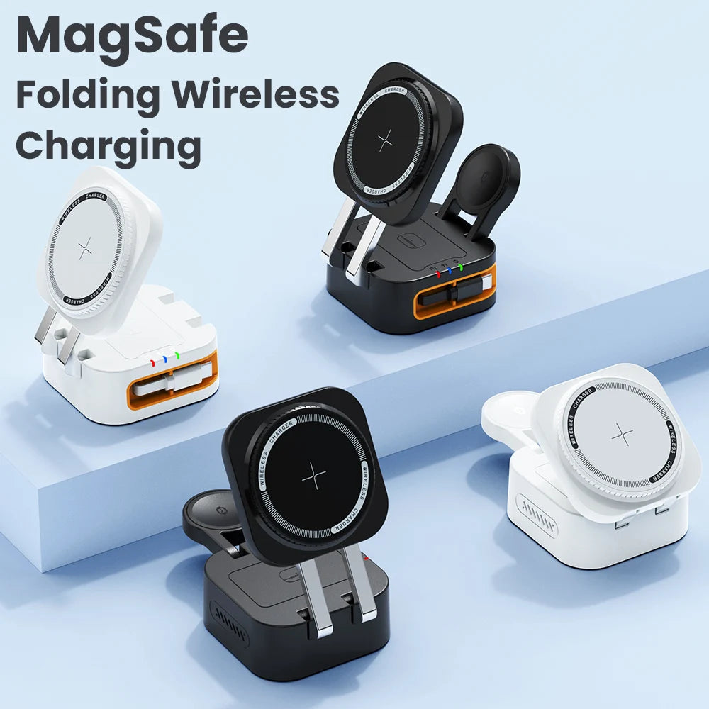 3-in-1 Portable 15W Wireless Charging Cradle with Retractable Cable Magasafe Magnetic Fast Charging Unit