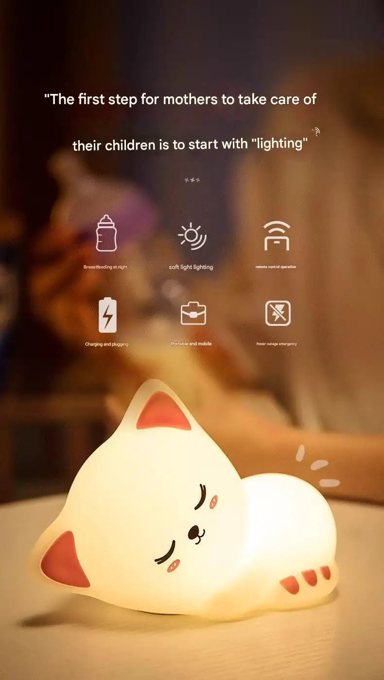 7 Colors Timer Kid Night Light Silicone Nightlight Baby Nursery Rechargeable Cute Cat Lamp For Birthday Gift Kawaii Kitten Decor