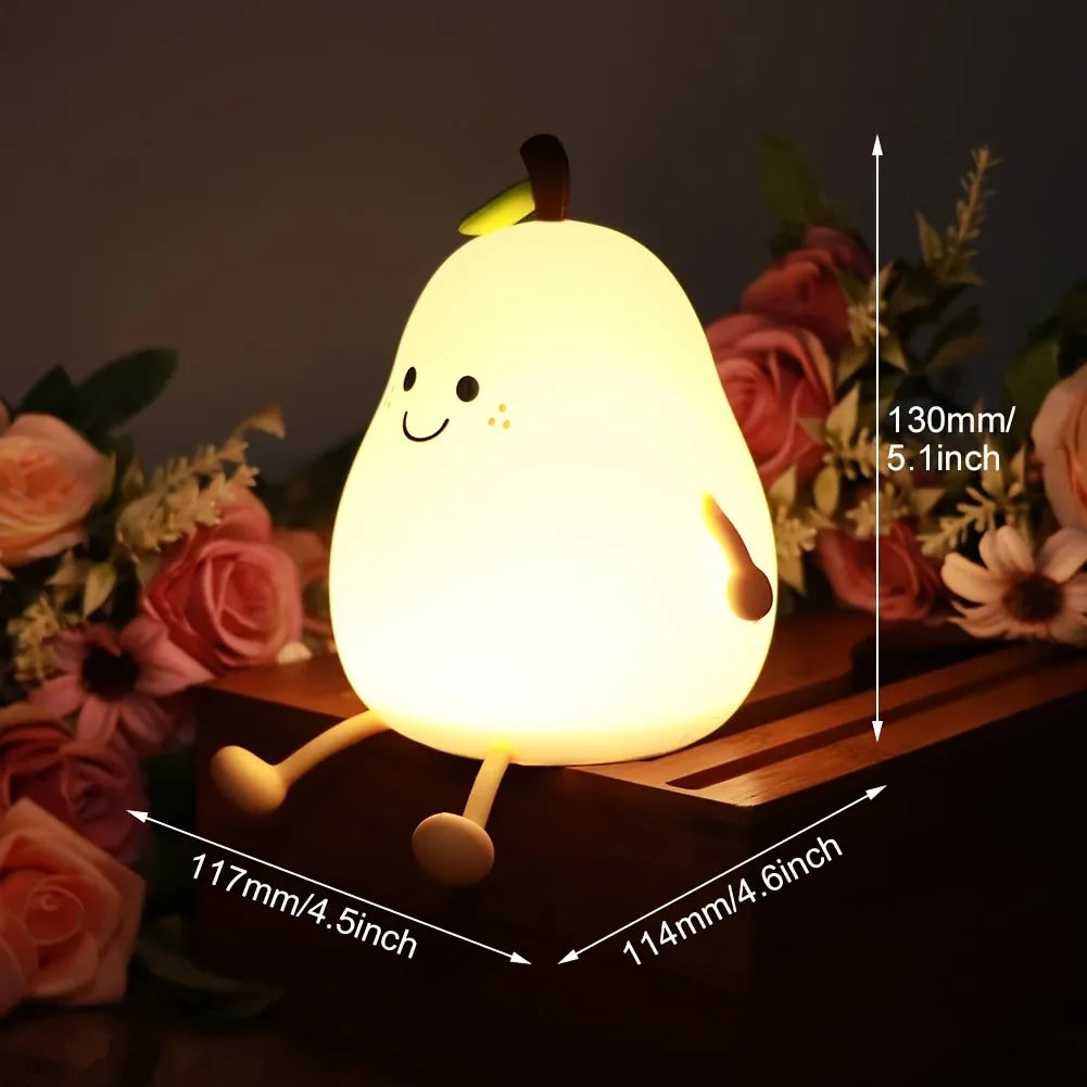 1pc Cute Pear Night Light 7-Color Dimmable Touch-Controlled Night Light Silicone Stress Reducing Pat Lamp USB Rechargeable