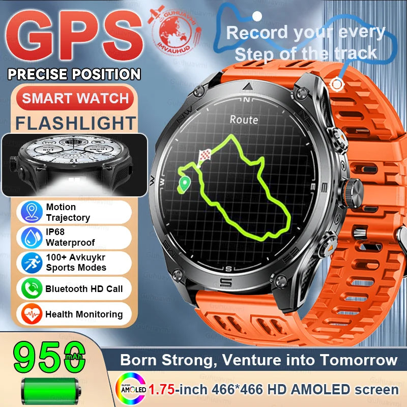 2025 New GPS SmartWatch 1000Mah Battery Compass 10ATM Waterproof Tactics Sport Flashlight BT call Smart Watch For Men For xioami