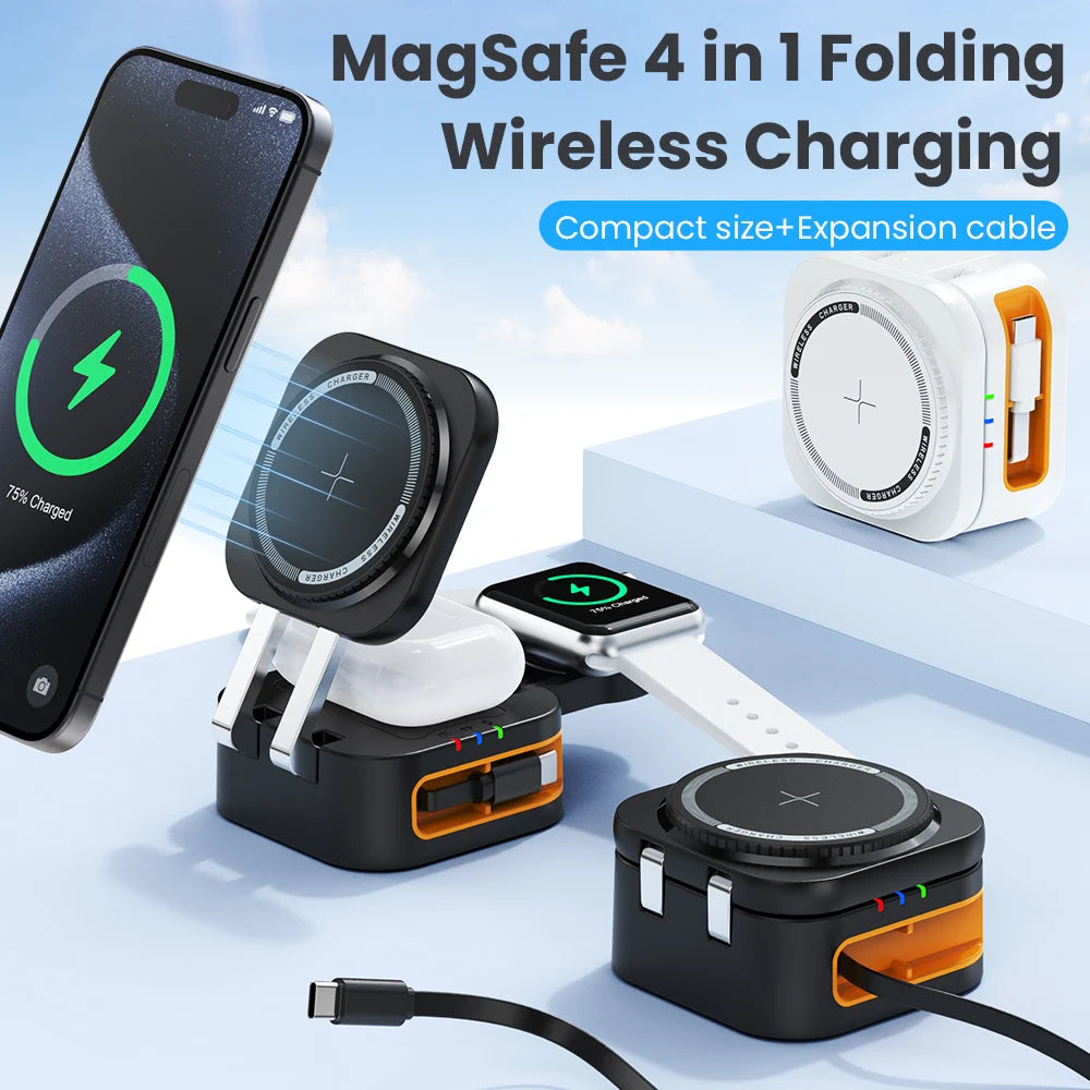 3-in-1 Portable 15W Wireless Charging Cradle with Retractable Cable Magasafe Magnetic Fast Charging Unit