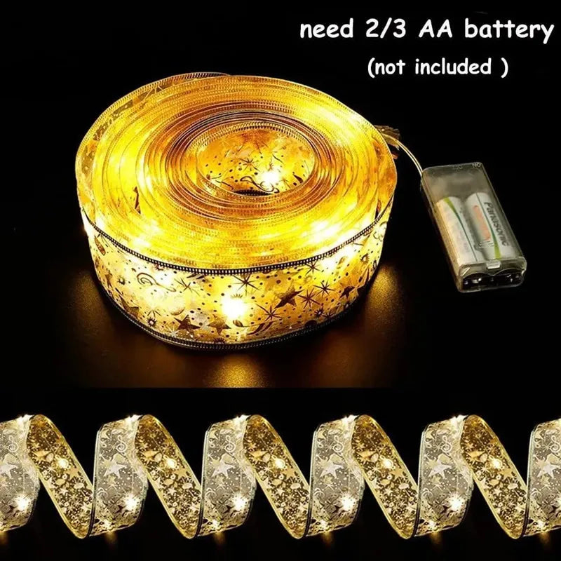 Christmas Ribbon Fairy Light Christmas Decoration DIY Bows String Light Tree Ornaments For Home 2024 Xmas Decor New Year Navidad