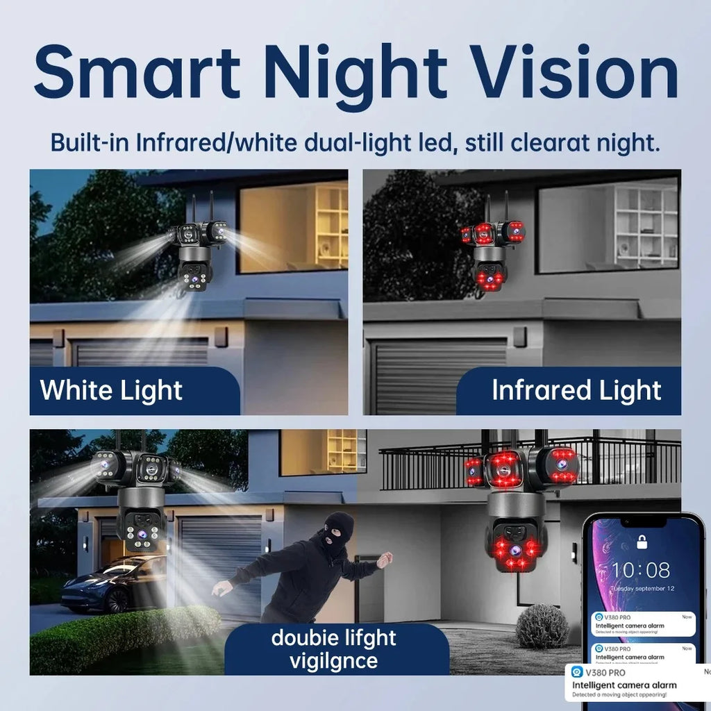 WiFi Solar Camera Three Lenses Outdoor 15MP 8K HD Low Power Battery IP Camera PIR Night Vision V380 Pro CCTV Security Protection