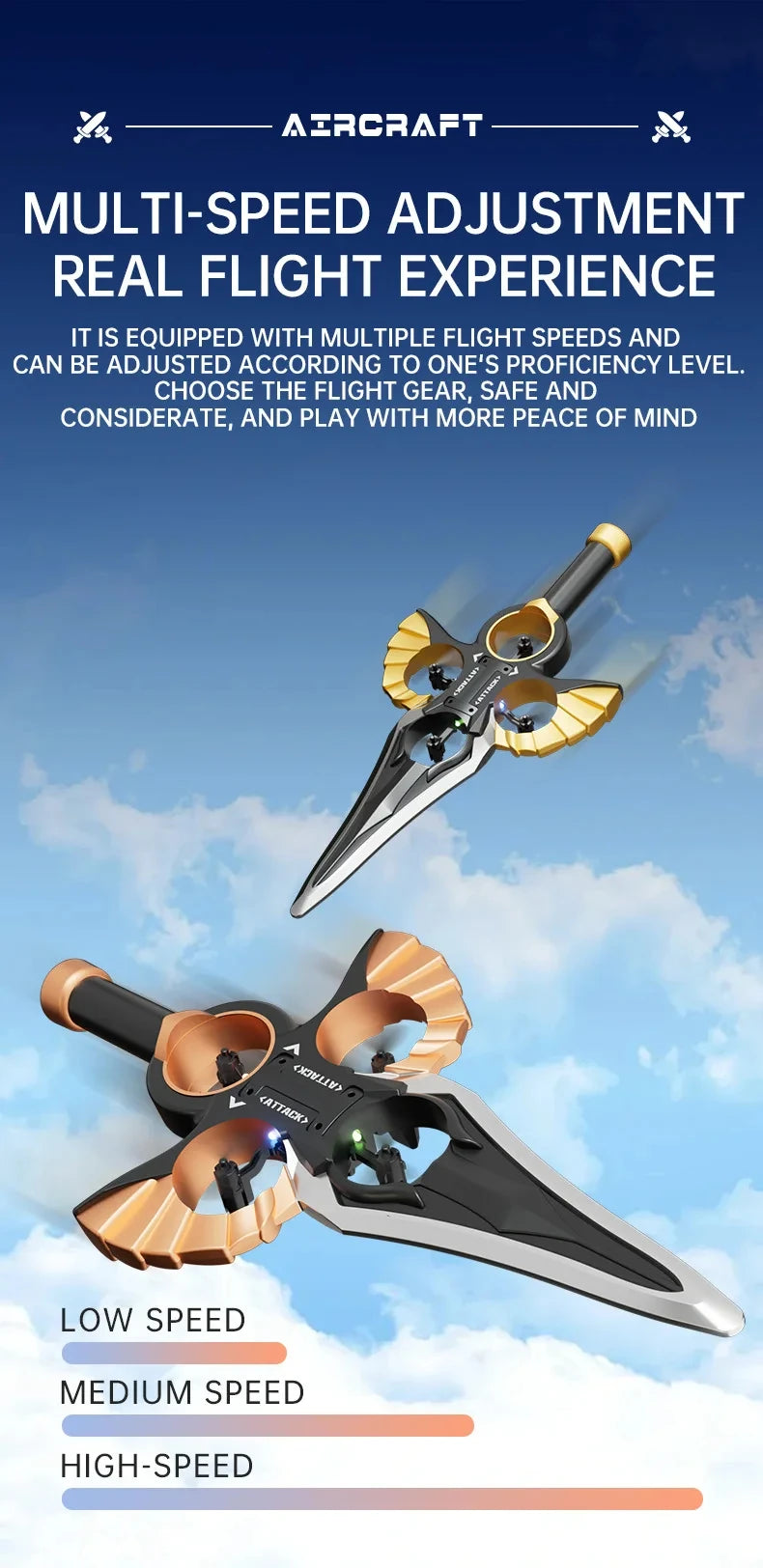 RC Flying Sword Glider Drone with Hand Wave & Controller Mode, 3-Speed Stunt Plane for Kids,Teens & Adults,LED Lights,Aerial Fun