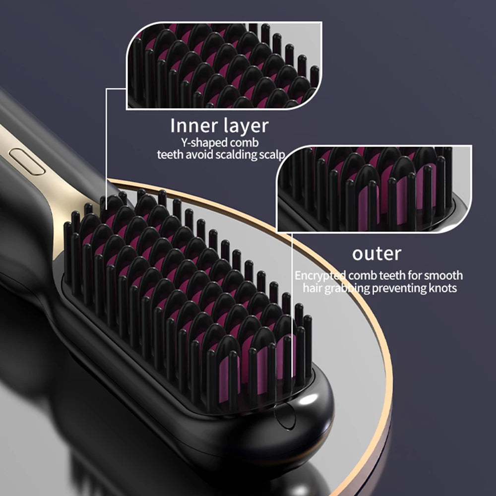 NEW Electric Ceramic Heating Straight Hair Comb Wireless Portable Negative Ion Styling Tool Rechargeable USB Straightening Brush