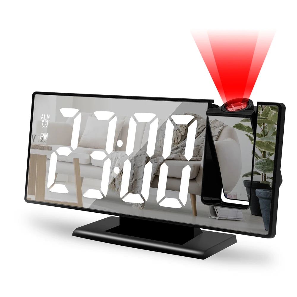 c180° Arm Projection Alarm Clock Time Temperature USB Plug-in Digital Alarm Clock Snooze Table Clock 12/24H Projector LED Clok