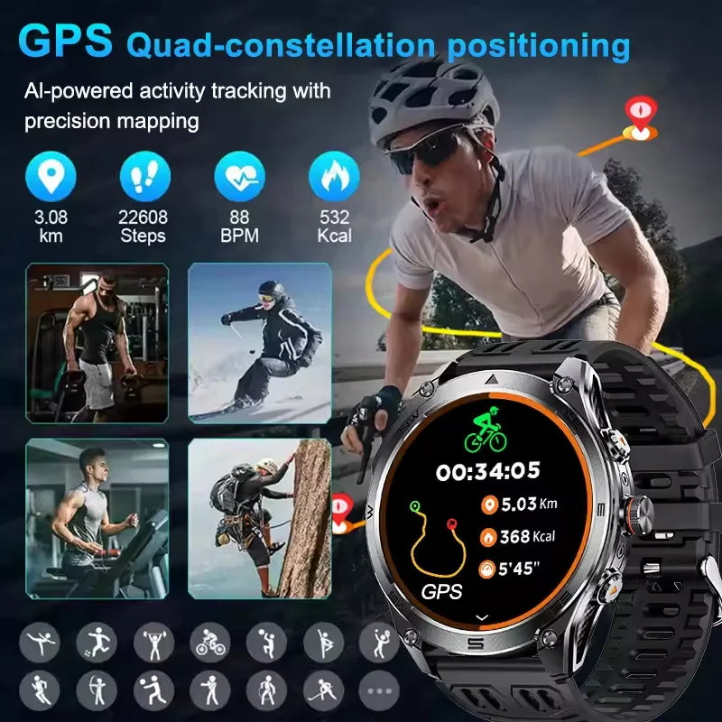 2025 New GPS SmartWatch 1000Mah Battery Compass 10ATM Waterproof Tactics Sport Flashlight BT call Smart Watch For Men For xioami
