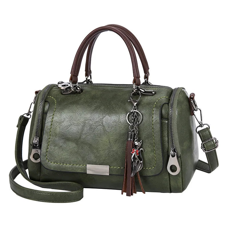 Tassel Decor Women's Large Capacity Shoulder Bag Fashion Zipper Crossbody Bag With Removable Strap Boston Handbag