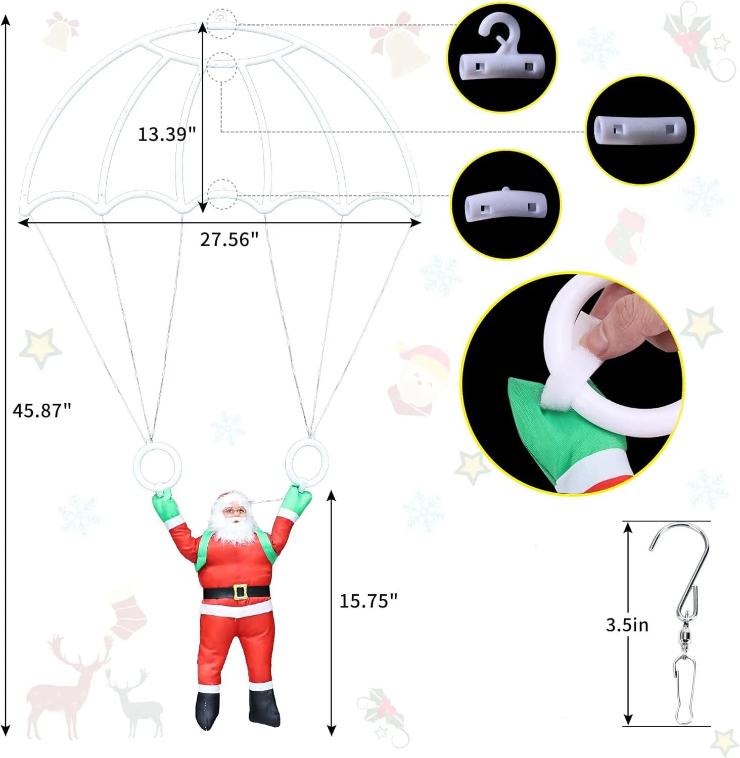 Christmas Decorations Lights Outdoor 2.8ft USB LED Christmas Parachute Light with Santa Claus for Roof Eave Balcony Garden Decor