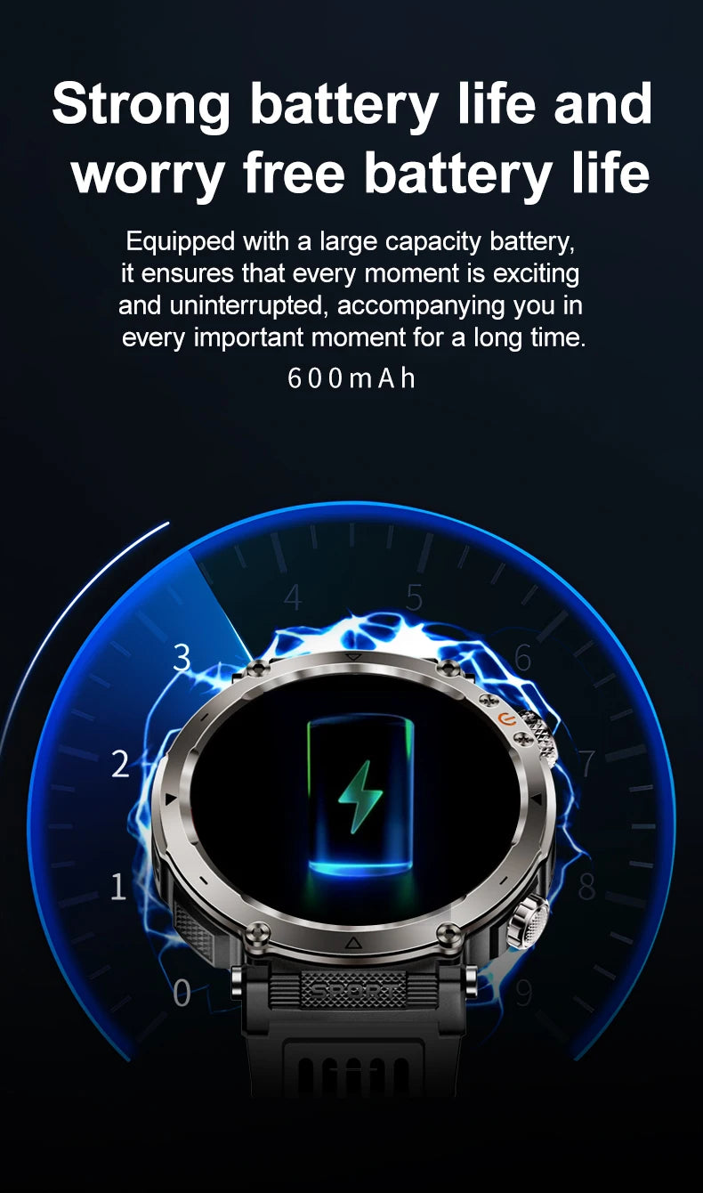 5ATM Outdoor Smart Watch Men 600mAh LED Flashlight SmartWatch Compass Bluetooth call Heart rate IP 68 Sports Smartwatch 2025 New