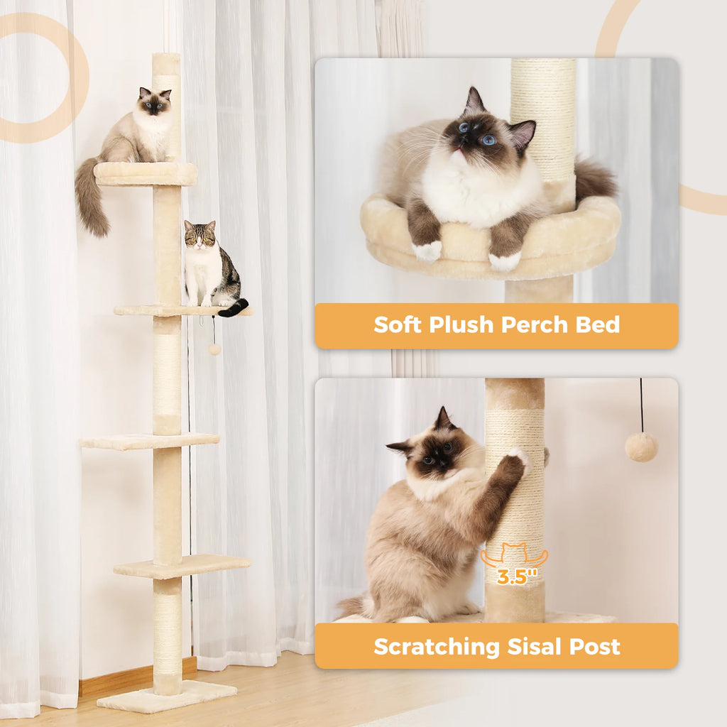 Adjustable Height Cat Tree for Indoor, Floor to Ceiling Cat Tower with Scratching Posts, Cat Scratcher Furniture, Kitten Toys