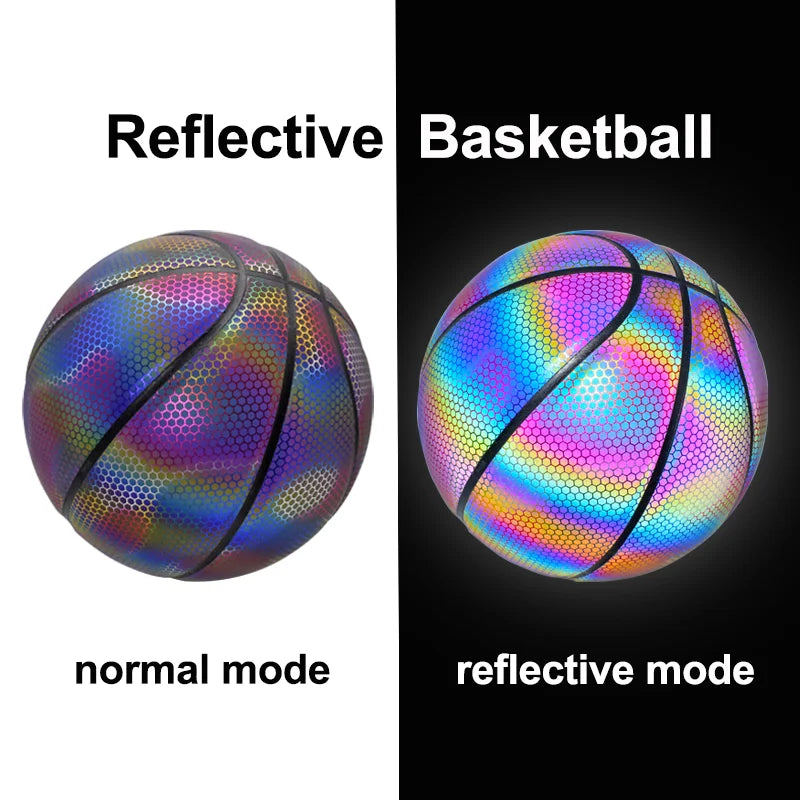 Size 7 PU Luminous Basketball Ball Holographic Reflective Lighted Flash Ball Wear-Resistant Glowing Basketball Night Sports Game