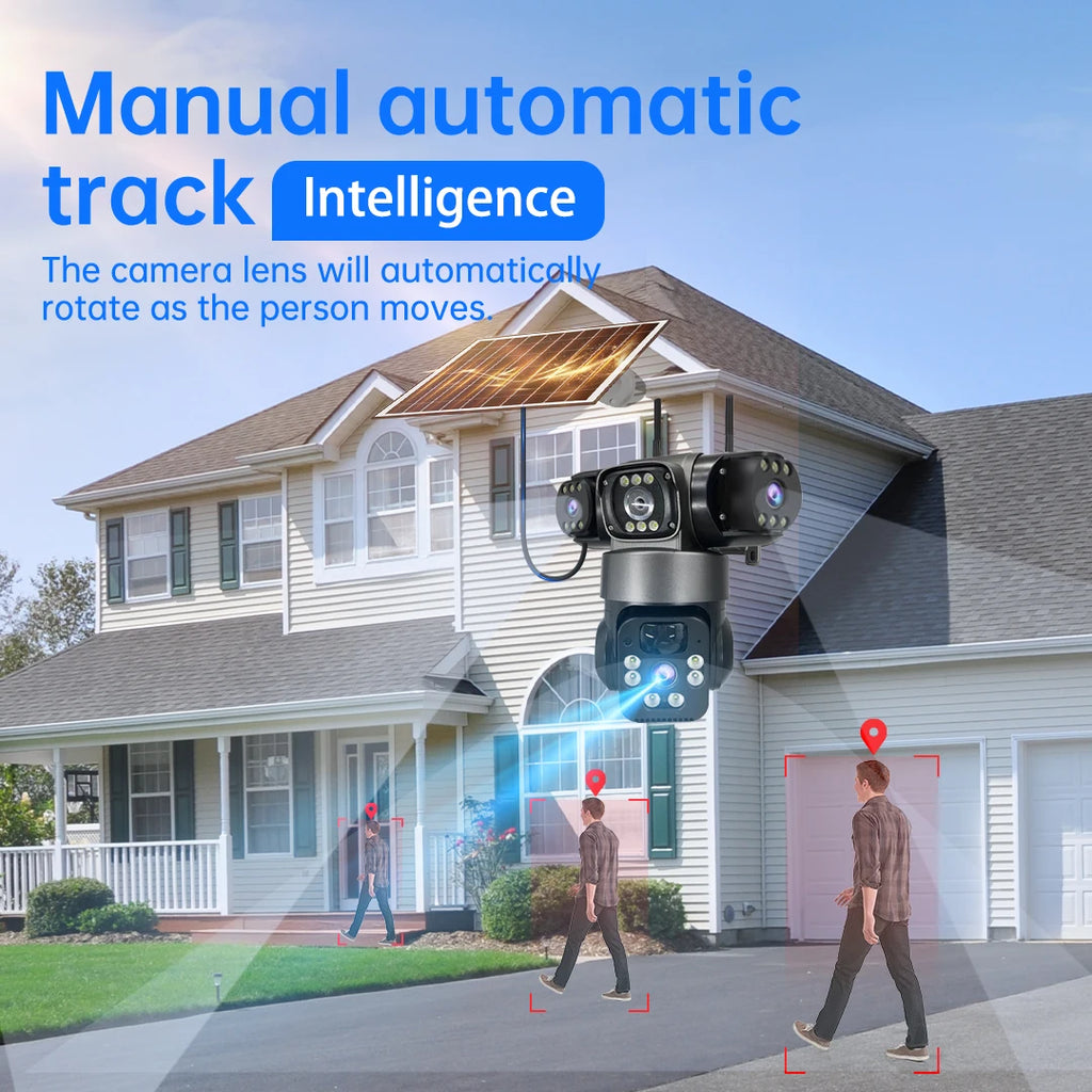 WiFi Solar Camera Three Lenses Outdoor 15MP 8K HD Low Power Battery IP Camera PIR Night Vision V380 Pro CCTV Security Protection