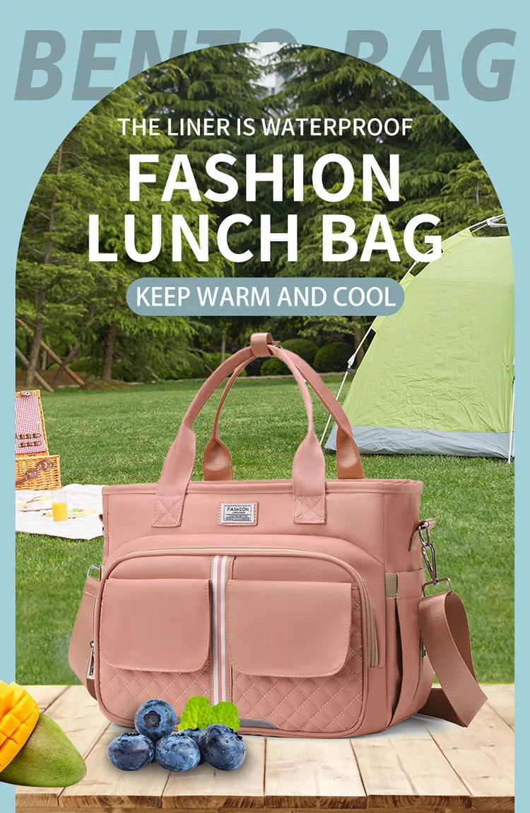 Multifunctional Insulated Picnic Bag Reusable Colorful  large capacity lunch bag with double pockets, portable lunch bag