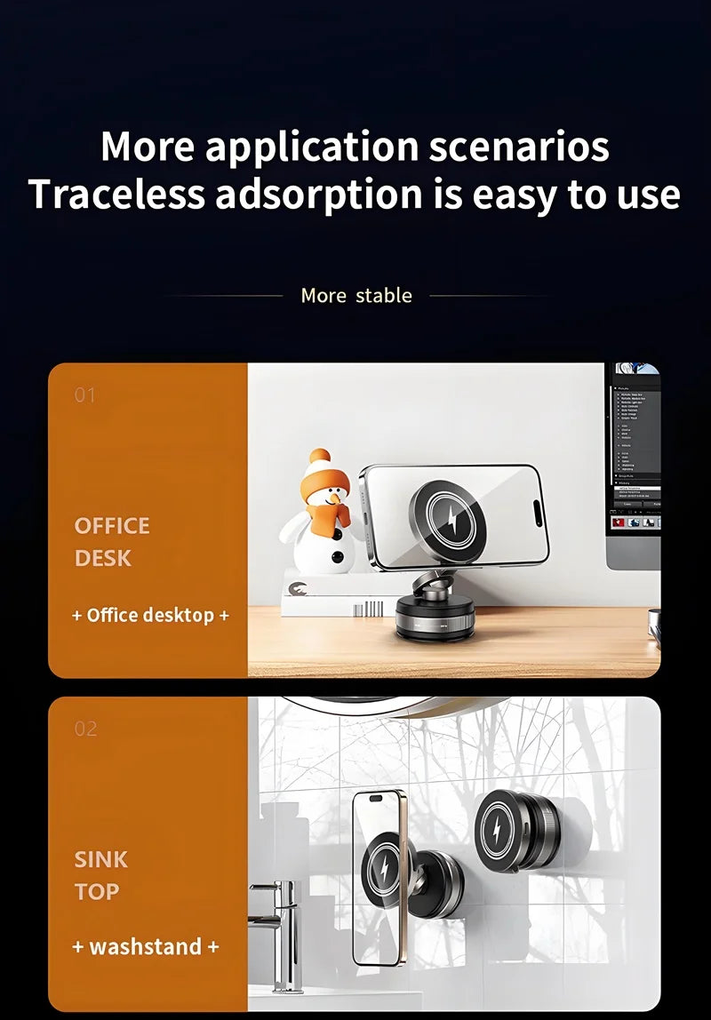 15W Metal Vacuum Suction Magnetic Wireless Charger Mount 360° Rotatable Compatible with  Smartphones, for Car Gym Bathroom Mirro