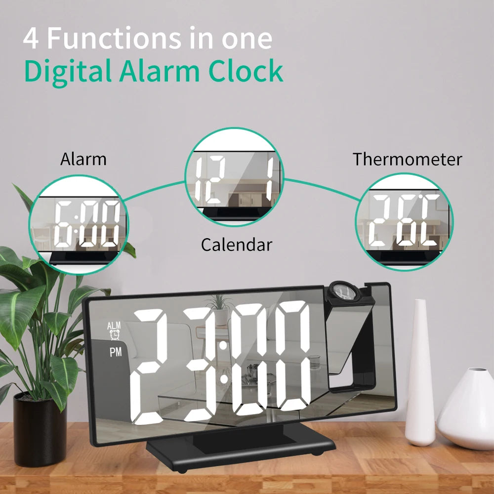 c180° Arm Projection Alarm Clock Time Temperature USB Plug-in Digital Alarm Clock Snooze Table Clock 12/24H Projector LED Clok